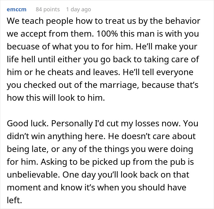 Comment discussing relationship dynamics after a woman stops treating her husband like a kid, leading to chaos.