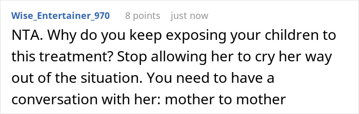 Screenshot of an online comment advising to stop letting MIL’s favoritism affect children and have a mother-to-mother talk. Screenshot of an online comment advising to stop letting MIL’s favoritism affect children and have a mother-to-mother talk.