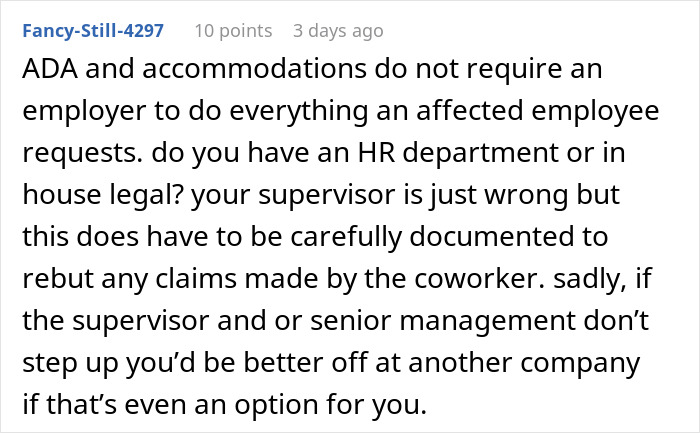 Text from a forum discussing coworker conflicts and HR issues related to workplace accommodations and employer responsibilities. Text from a forum discussing coworker conflicts and HR issues related to workplace accommodations and employer responsibilities.
