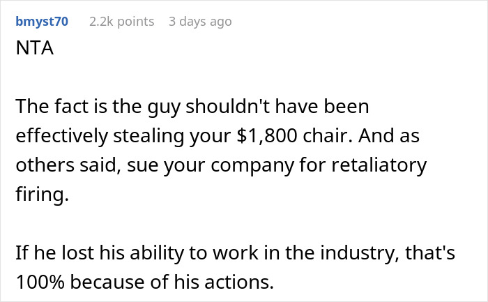 Comment discussing a $1,800 office chair dispute leading to job loss and legal advice on retaliatory firing.