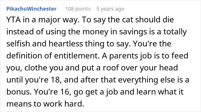Screenshot of a Reddit comment criticizing parents for planning to use teen’s college fund for cat’s surgery, highlighting entitlement. Screenshot of a Reddit comment criticizing parents for planning to use teen’s college fund for cat’s surgery, highlighting entitlement.
