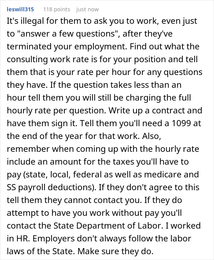 Comment explaining legal rights when an employee refuses to train replacement without pay after being laid off. Comment explaining legal rights when an employee refuses to train replacement without pay after being laid off.