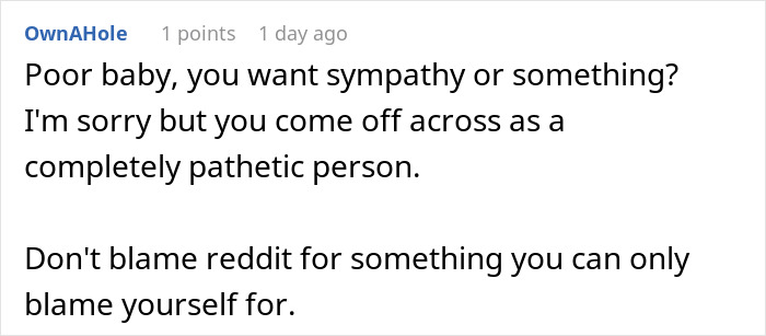 Reddit comment criticizing someone for seeking sympathy after a wedding vows mishap involving AI use. Reddit comment criticizing someone for seeking sympathy after a wedding vows mishap involving AI use.