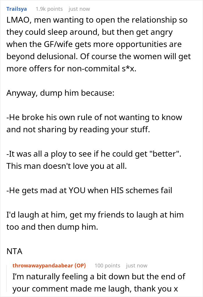 Screenshot of a Reddit conversation discussing a boyfriend opening relationship but getting no dates and relationship trust issues.