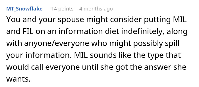 Comment discussing MIL behavior and advice on managing mother-in-law during couple’s vacation, highlighting information control. Comment discussing MIL behavior and advice on managing mother-in-law during couple’s vacation, highlighting information control.