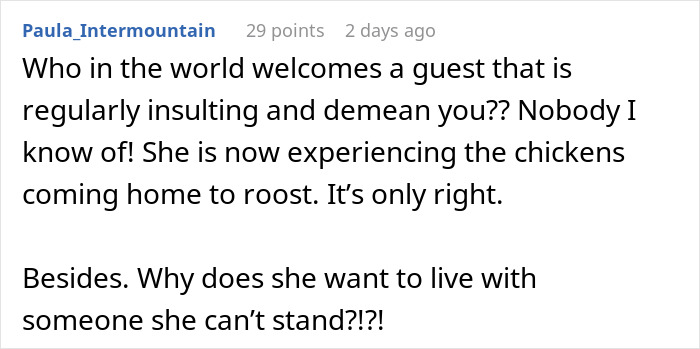 Alt text: Screenshot of a comment discussing refusing to let a homeless sister-in-law move in after insults and tension arise. Alt text: Screenshot of a comment discussing refusing to let a homeless sister-in-law move in after insults and tension arise.