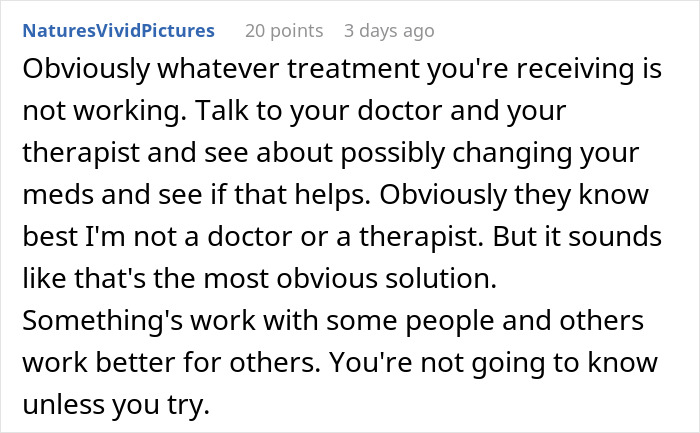 Comment section screenshot discussing depression treatment advice and suggesting consulting a doctor or therapist for medication changes.