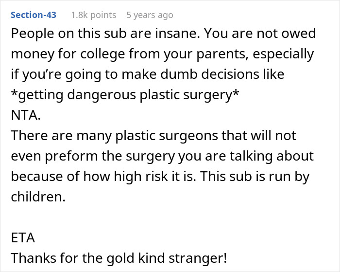 Reddit comment criticizing an 18-year-old wanting a BBL from grandpa’s inheritance while dad refuses to pay for college. Reddit comment criticizing an 18-year-old wanting a BBL from grandpa’s inheritance while dad refuses to pay for college.