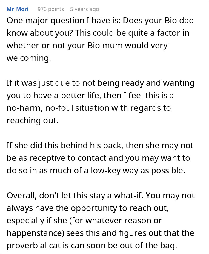Comment discussing challenges of reuniting with bio family and reactions of adoptive parents in adoption context. Comment discussing challenges of reuniting with bio family and reactions of adoptive parents in adoption context.