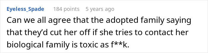Comment about toxic adoptive parents threatening woman wanting to reunite with biological family after adoption. Comment about toxic adoptive parents threatening woman wanting to reunite with biological family after adoption.