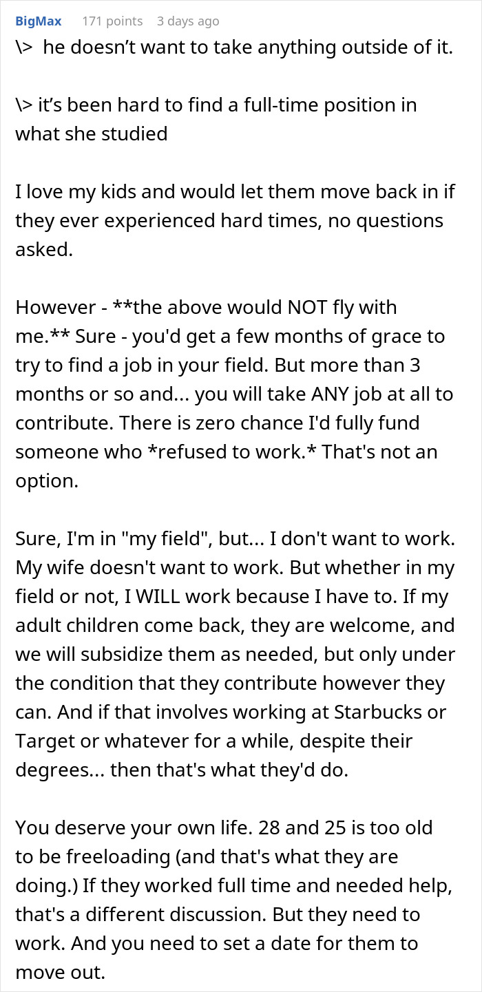 Comment discussing husband retirement, children moving back, and managing family finances with work expectations. Comment discussing husband retirement, children moving back, and managing family finances with work expectations.