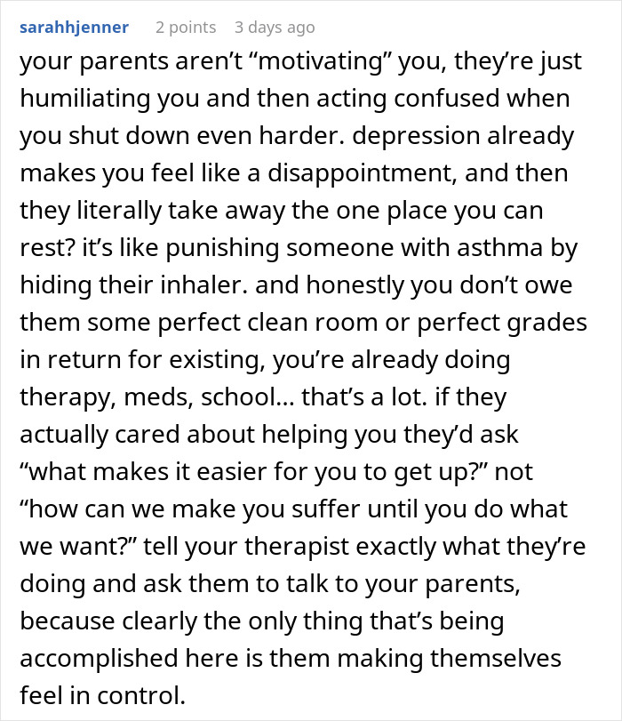 Reddit comment criticizing parents for removing mattress and calling daughter lazy while she struggles with depression.