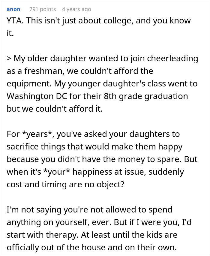 Comment from anon highlighting financial sacrifice and fairness in choosing a nose job over kids college funds debate. Comment from anon highlighting financial sacrifice and fairness in choosing a nose job over kids college funds debate.