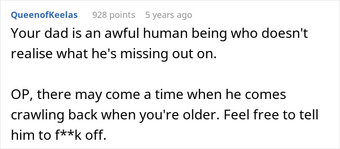 Comment expressing anger towards dad for choosing girlfriend over teen, discussing adoption and family estrangement issues.