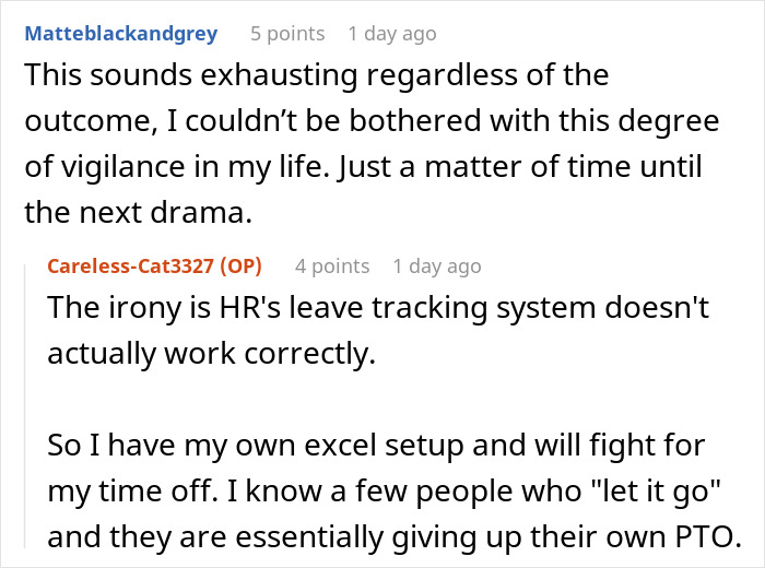 Screenshot of Reddit comments discussing an employee taking time off and issues with HR leave tracking systems. Screenshot of Reddit comments discussing an employee taking time off and issues with HR leave tracking systems.