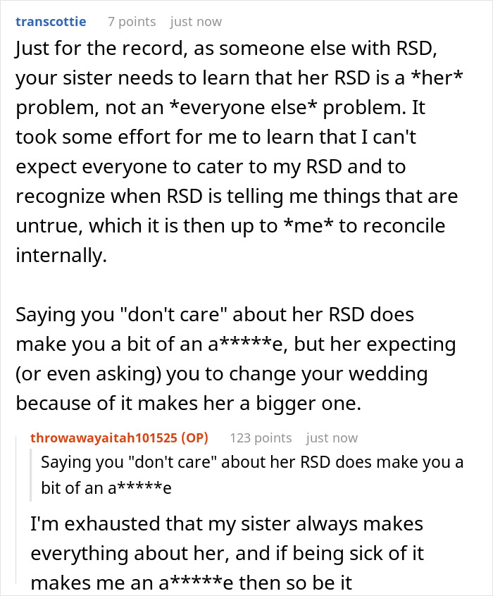 Reddit discussion about a guy rejecting his sister's idea for his big wedding amid rejection sensitive dysphoria conflict. Reddit discussion about a guy rejecting his sister's idea for his big wedding amid rejection sensitive dysphoria conflict.