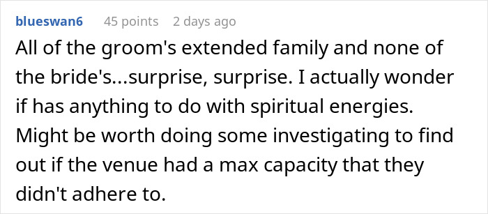 Comment discussing spiritual bride's decision causing chaos and shock two weeks before the wedding.