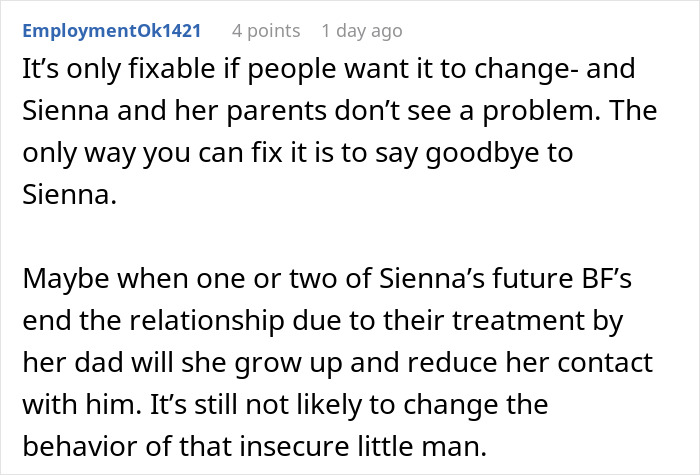 Screenshot of a comment discussing mocking a daughter's boyfriend and the dad's behavior in a family conflict.