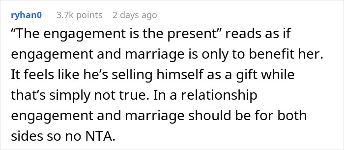 Comment from ryhan0 discussing engagement and marriage as a Christmas gift, highlighting relationship expectations and reality check. Comment from ryhan0 discussing engagement and marriage as a Christmas gift, highlighting relationship expectations and reality check.