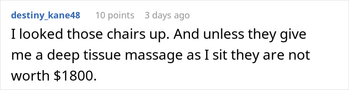 Screenshot of a comment discussing the value of an $1.8K office chair and skepticism about its worth.