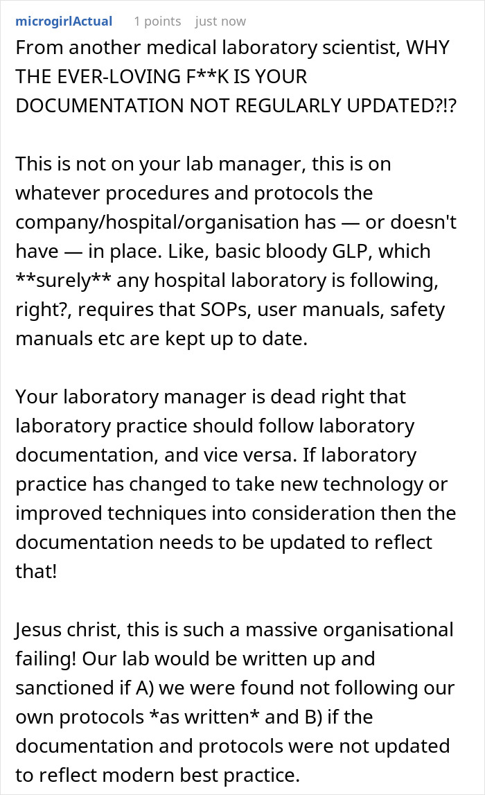 Screenshot of a forum post discussing documentation updates and following procedures by the book in a workplace setting. Screenshot of a forum post discussing documentation updates and following procedures by the book in a workplace setting.
