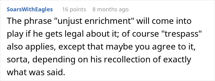 Comment discussing legal concepts of unjust enrichment and trespass in neighbor’s fence replacement dispute. Comment discussing legal concepts of unjust enrichment and trespass in neighbor’s fence replacement dispute.