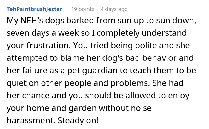 User comment about dogs barking nonstop, expressing frustration with neighbors who can't keep their dogs quiet at home. User comment about dogs barking nonstop, expressing frustration with neighbors who can't keep their dogs quiet at home.
