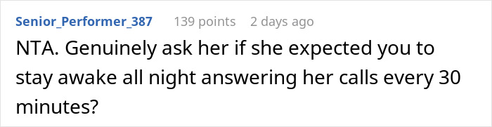 Screenshot of a forum comment about a friend agreeing to babysit overnight while the mom panics and calls every 30 minutes.