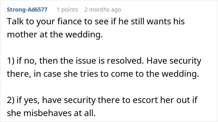 Text advice about handling mother-in-law’s secret wedding invites, discussing security measures at wedding to protect family image.