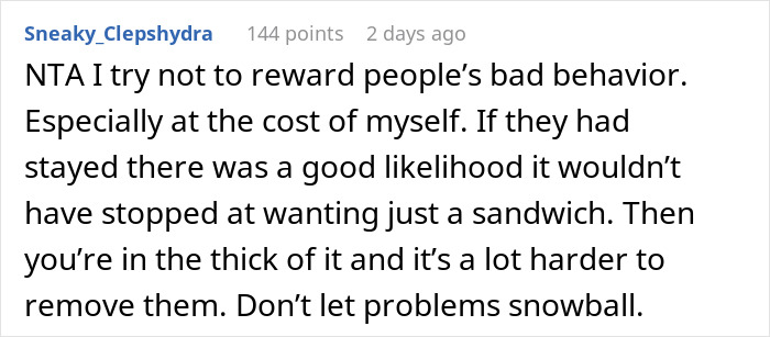 Comment discussing entitled mother causing scene after being denied food at private party, highlighting bad behavior consequences.