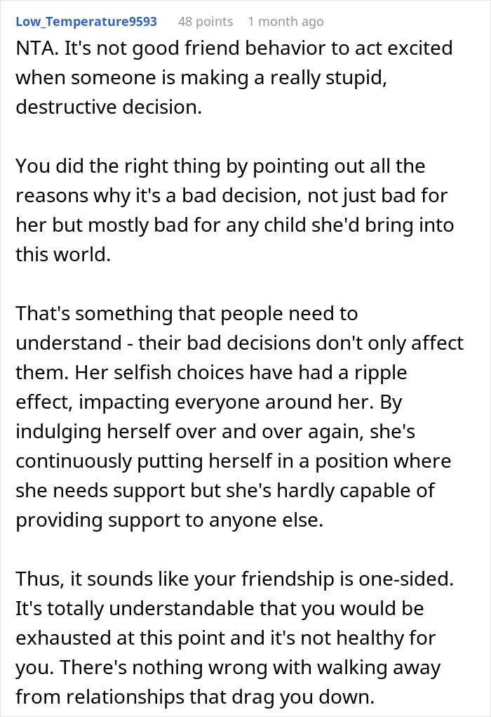 Comment discussing irresponsible friend making bad decisions and bestie’s reaction to pregnancy news in online forum.