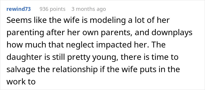 Comment discussing a wife neglecting parenting, feeling like a single parent, and prioritizing work over family relationships. Comment discussing a wife neglecting parenting, feeling like a single parent, and prioritizing work over family relationships.