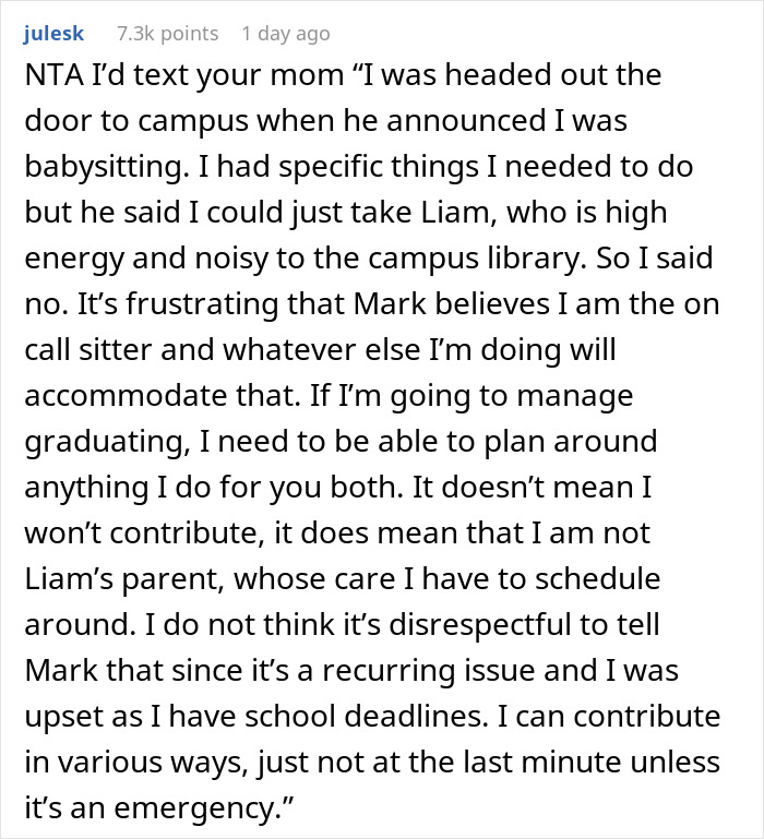 Screenshot of a detailed Reddit comment discussing frustration over being treated as a free babysitter for a girlfriend’s son.