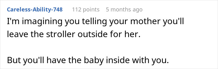 Screenshot of a Reddit comment discussing discomfort about leaving baby alone with mom or mother-in-law.