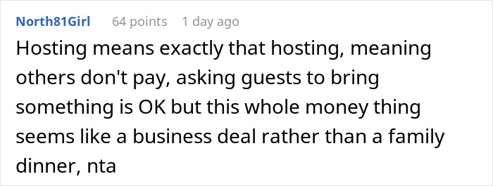 Comment on refusing to bring expensive food at Thanksgiving, emphasizing hosting means not making guests pay. Comment on refusing to bring expensive food at Thanksgiving, emphasizing hosting means not making guests pay.