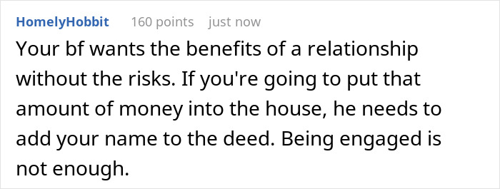Text conversation discussing a boyfriend refusing to finance a $100k renovation without a marriage commitment ring. Text conversation discussing a boyfriend refusing to finance a $100k renovation without a marriage commitment ring.