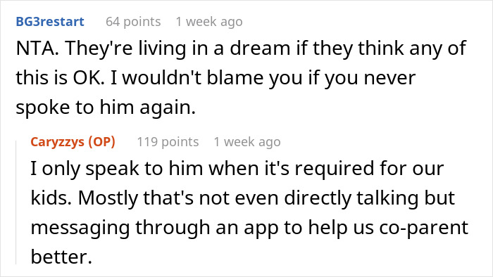 Reddit comments discussing co-parenting and refusal to host a blended family Christmas with ex's affair kids.