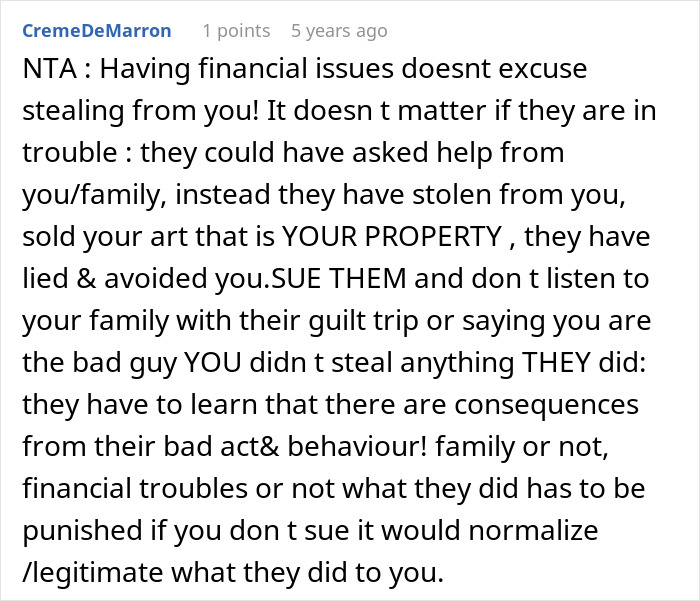 Comment discussing consequences of stealing and selling another’s property in a family dispute over financial troubles.