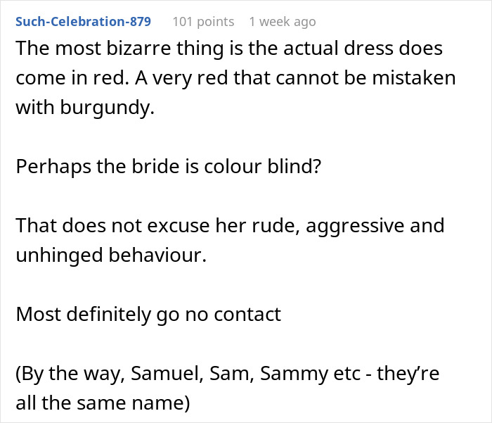 Comment discussing the bride mad at cousin for wearing a red dress to the wedding, suggesting aggressive behavior.