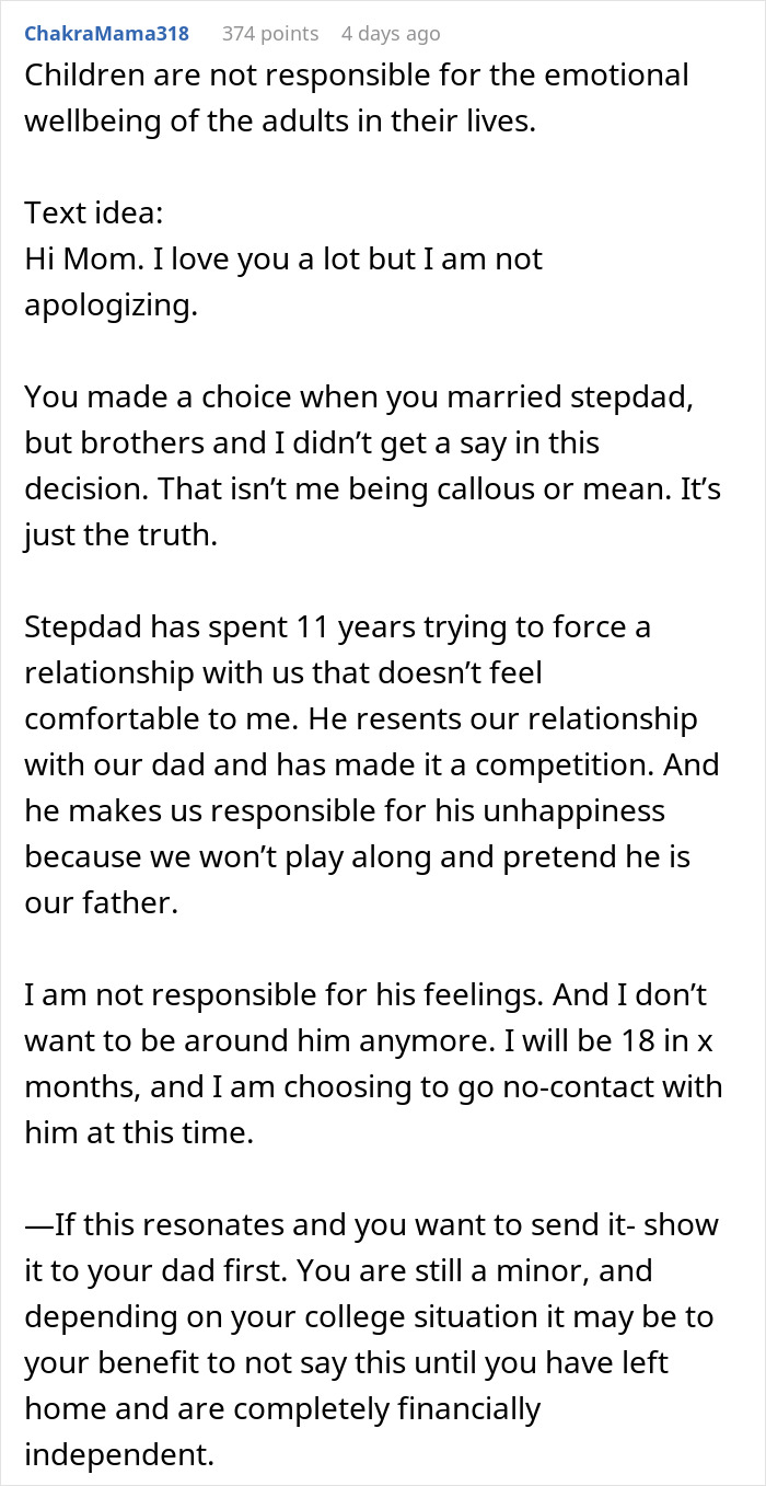 Text discussing a stepdad trying to displace kids’ bio dad, causing emotional conflict and the kids choosing no-contact. Text discussing a stepdad trying to displace kids’ bio dad, causing emotional conflict and the kids choosing no-contact.
