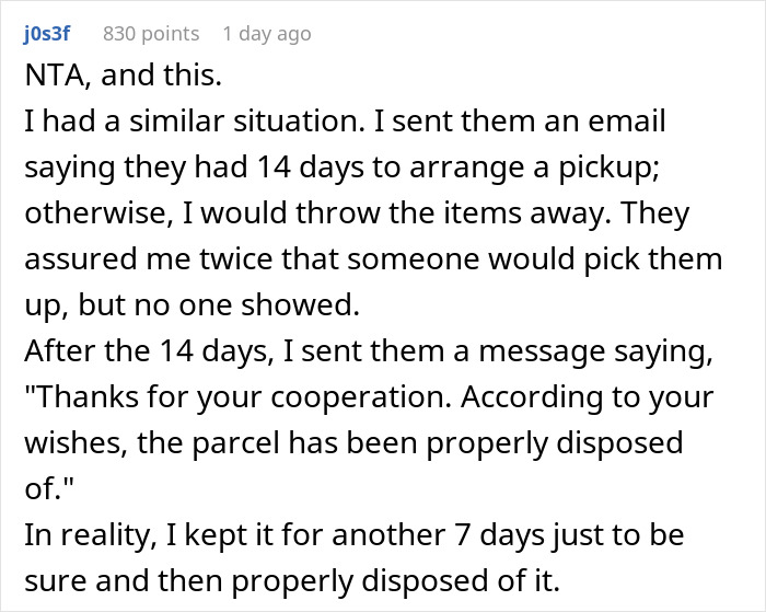 Comment describing handling packages sent to wrong address and company expecting return at sender's expense.