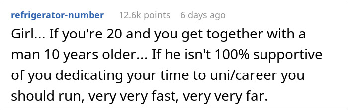 Text post on social media about a 30-year-old boyfriend not supporting his 20-year-old girlfriend going to university.