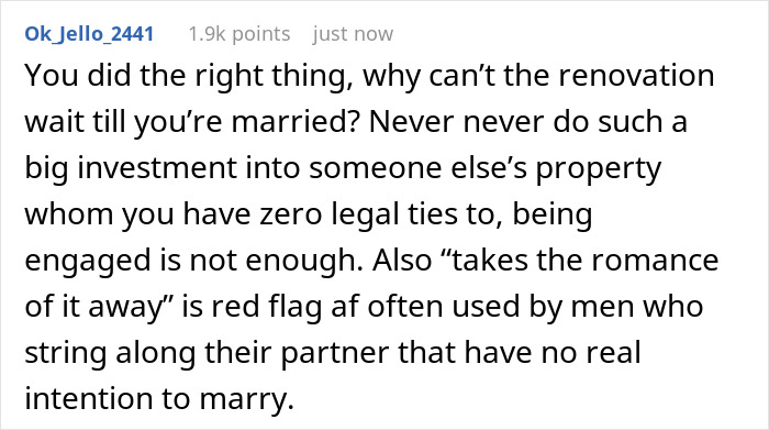 Screenshot of online comment discussing GF refusing to finance BF’s $100k renovation without a ring, seen as marriage transaction. Screenshot of online comment discussing GF refusing to finance BF’s $100k renovation without a ring, seen as marriage transaction.