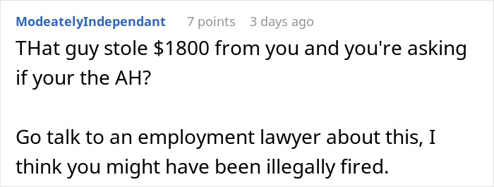 Comment discussing $1.8K office chair dispute and suggesting legal advice about possible wrongful termination.
