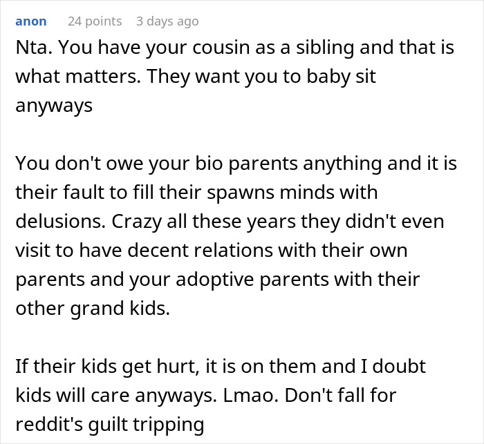 Reddit comment discussing parents wanting abandoned son to play happy family with siblings after years of silence and neglect. Reddit comment discussing parents wanting abandoned son to play happy family with siblings after years of silence and neglect.