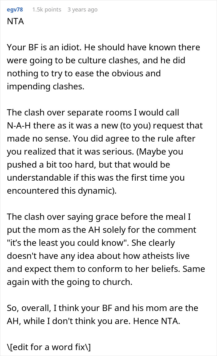 Comment discussing MIL making son's girlfriend sleep in a different room due to religious beliefs and culture clashes.