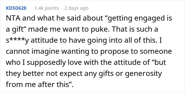 Reddit comment criticizing man who thinks proposal counts as a Christmas gift, highlighting attitude and generosity issues. Reddit comment criticizing man who thinks proposal counts as a Christmas gift, highlighting attitude and generosity issues.
