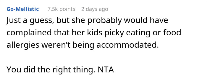 Commenter explaining an entitled mother raising hell after being denied food at a private party.