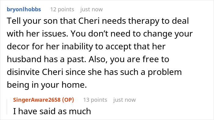 Comment discussing a jealous wife upset about photos of her husband's ex in his mom’s house, demanding removal.