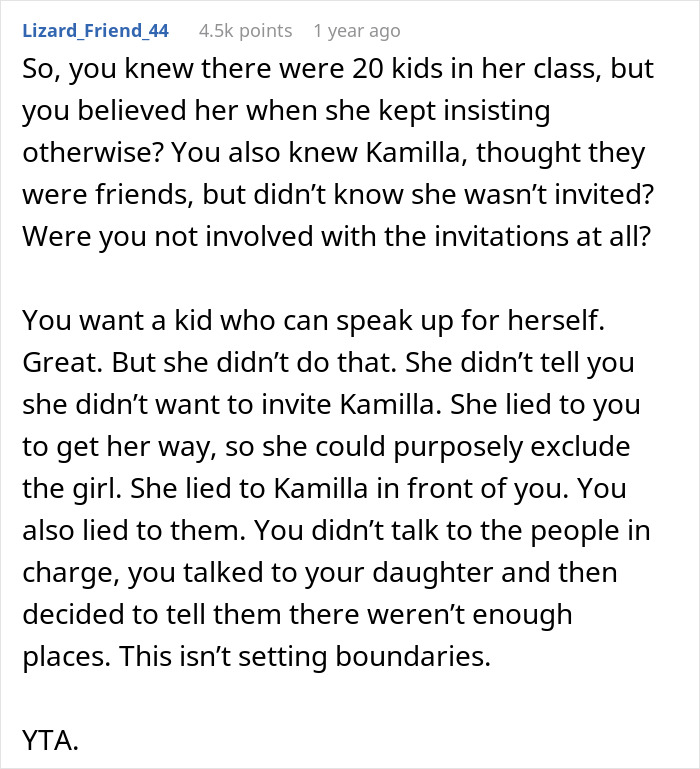 Reddit comment discussing a 13YO refusing to invite one girl from school and the mom supporting the decision. Reddit comment discussing a 13YO refusing to invite one girl from school and the mom supporting the decision.